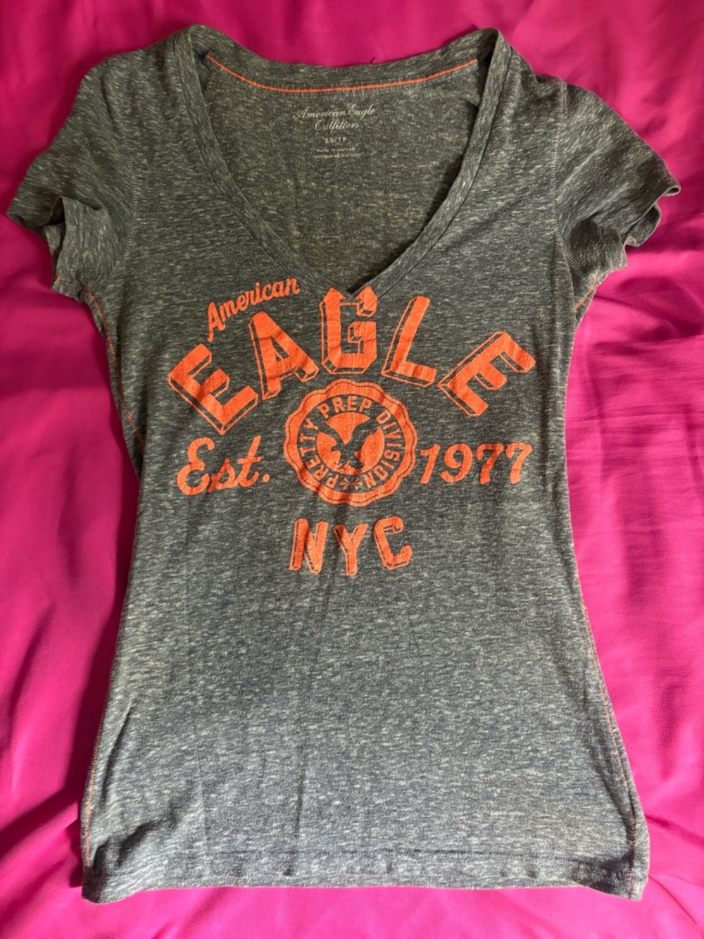 American Eagle Outfitters Gray V-Neck Tee with Orange NYC Graphic